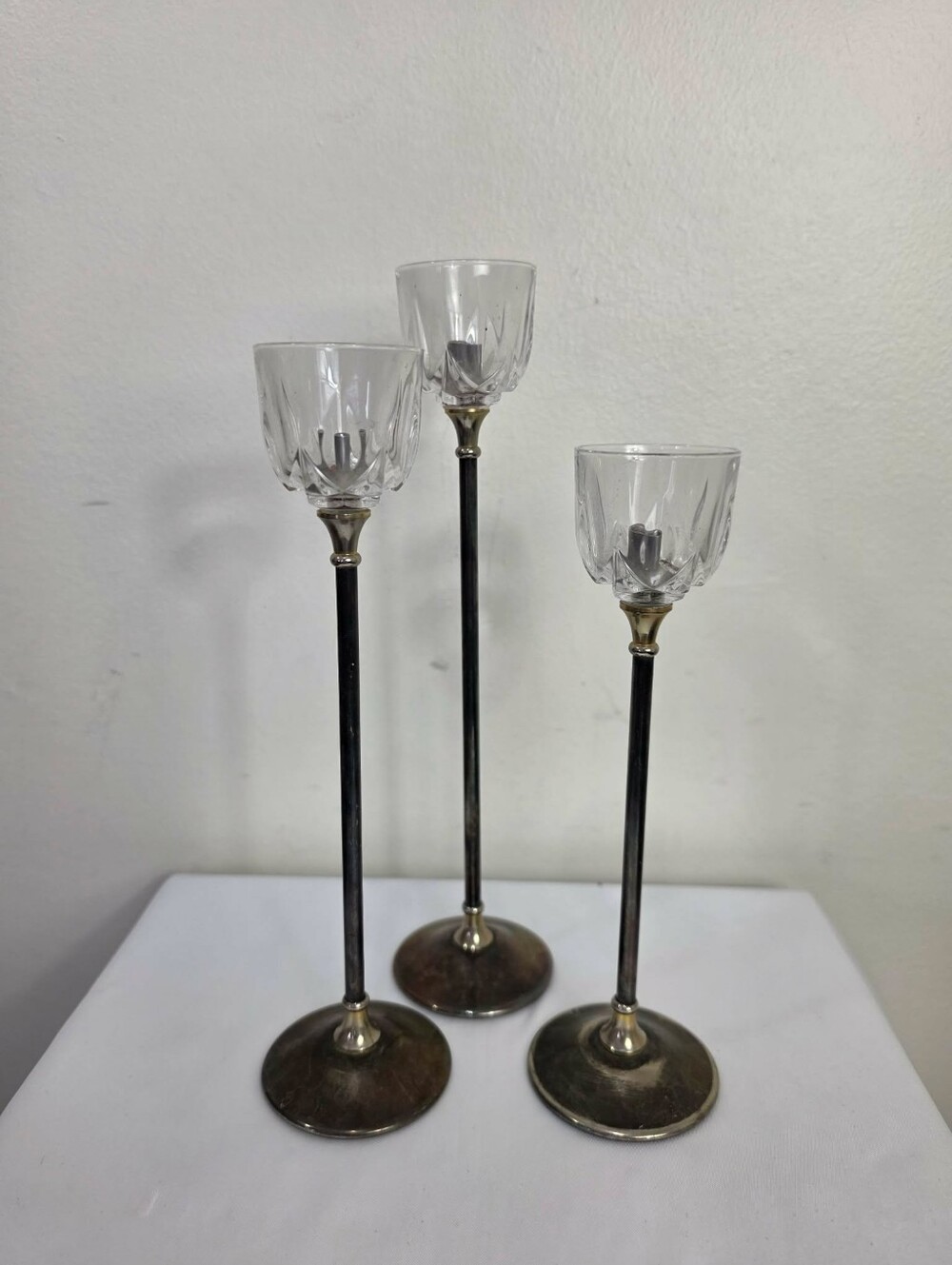 Vintage 1980s Birks Set of 3Silver-Plated Brass and Glass Candle Holders